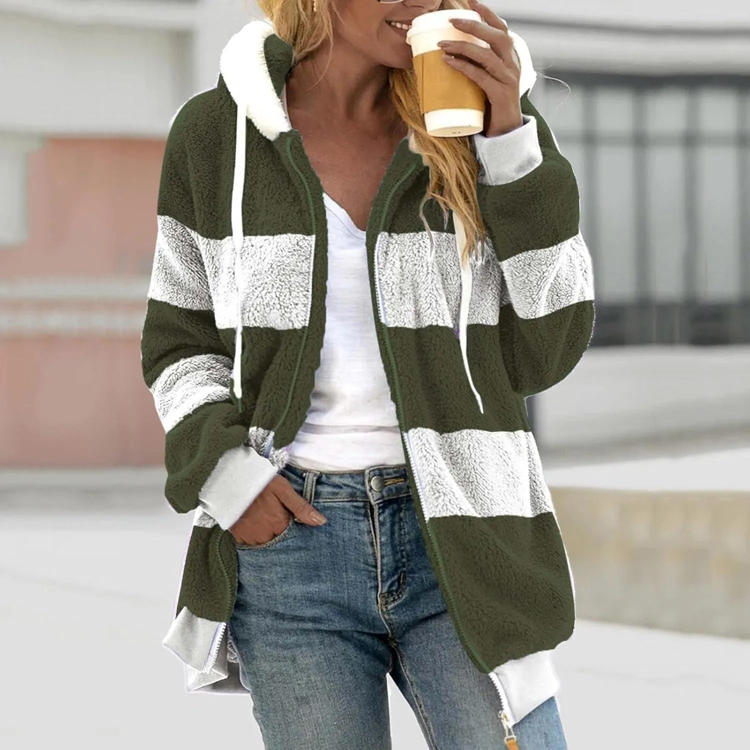 Women'S Fleece Zip Up Jacket Zipper Pocket Plush Sweater Jacket With Hood Insulated Winter Jackets For Women Fleece