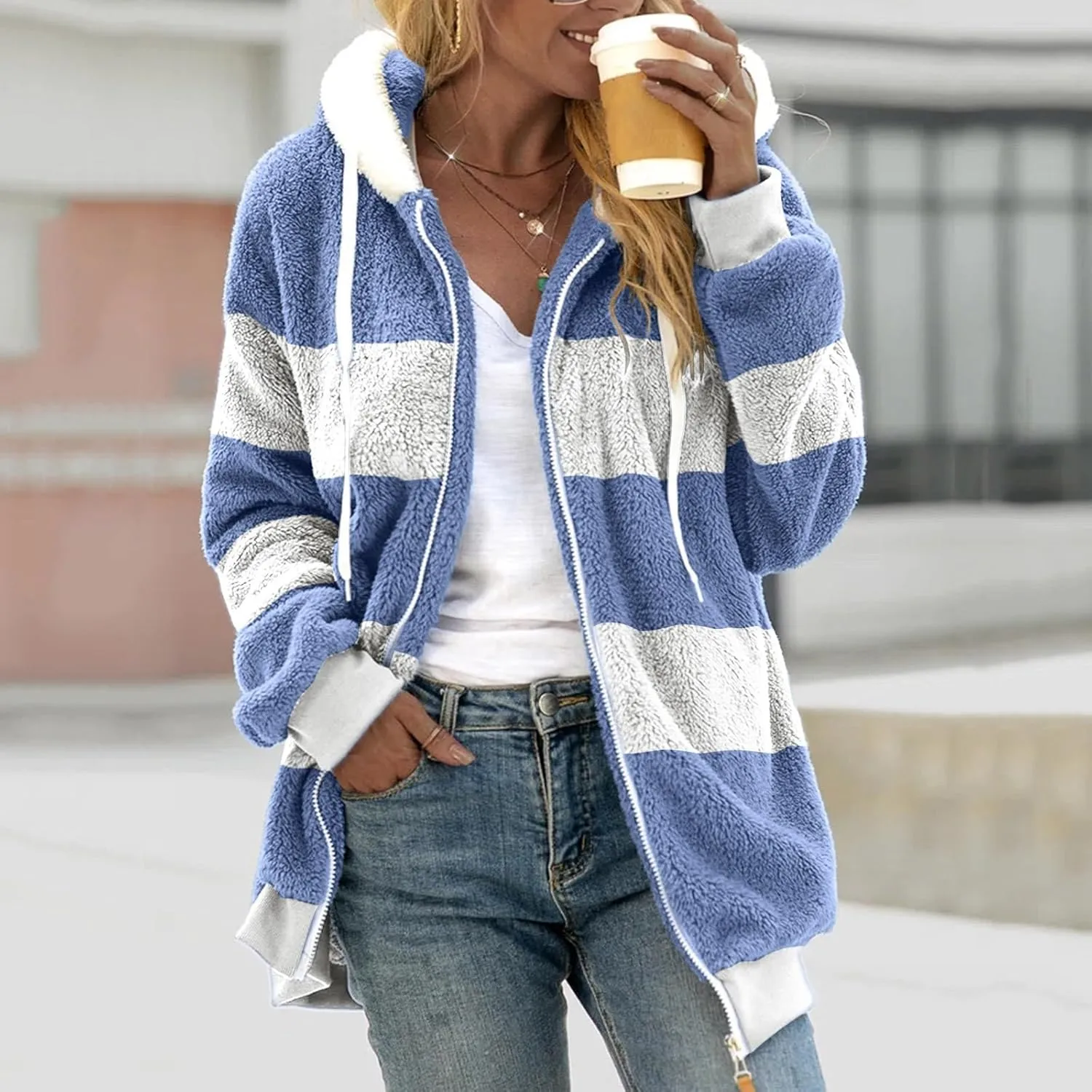 Women'S Fleece Zip Up Jacket Zipper Pocket Plush Sweater Jacket With Hood Insulated Winter Jackets For Women Fleece