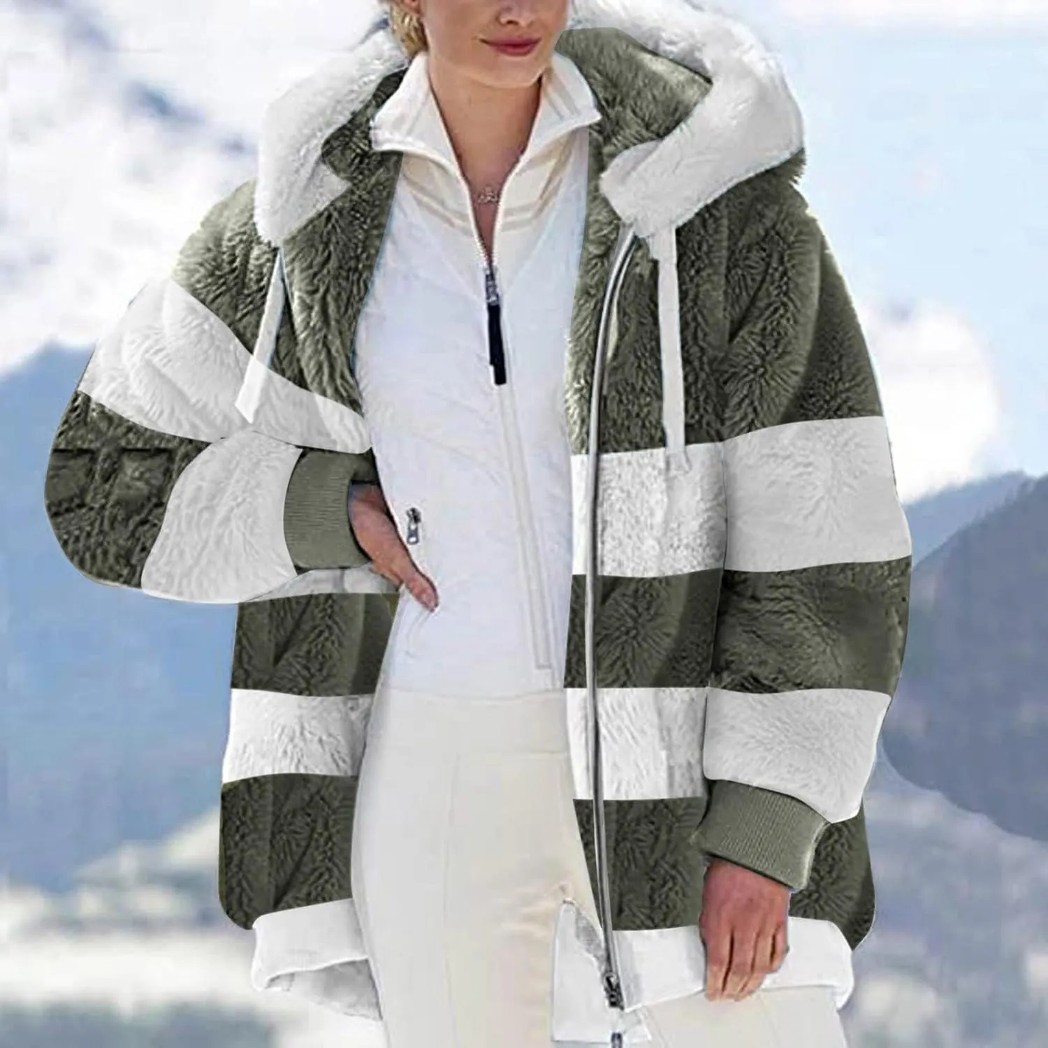Women'S Fleece Zip Up Jacket Zipper Pocket Plush Sweater Jacket With Hood Insulated Winter Jackets For Women Fleece
