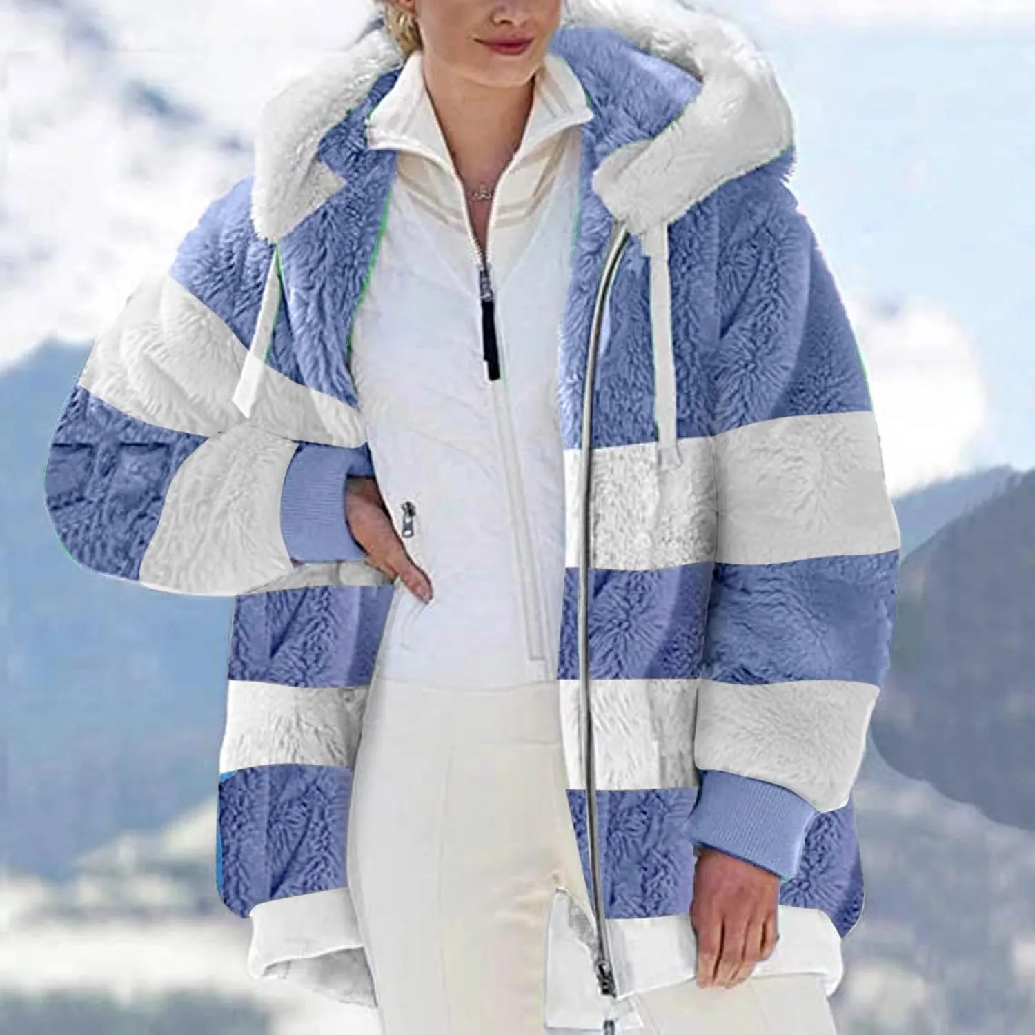 Women'S Fleece Zip Up Jacket Zipper Pocket Plush Sweater Jacket With Hood Insulated Winter Jackets For Women Fleece