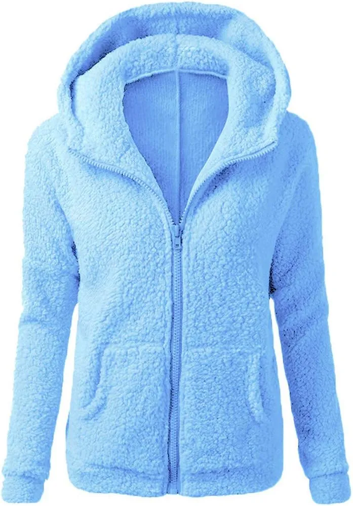 Womens Fluffy Hoodies Sherpa Lightweight Fleece Lined Fall Winter Coats Fuzzy Comfy Warm Plus Size Zip Up Jackets