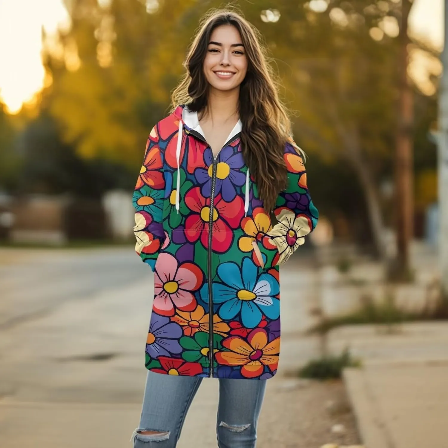 Women's Full Zip Up Hoodie Mid Long Zipper Hooded Sweatshirts Tunic Sweatshirt Cardigan Long Sleeve Jacket with Pockets S-3XL