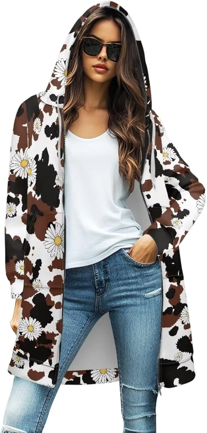 Women's Full Zip Up Hoodie Mid Long Zipper Hooded Sweatshirts Tunic Sweatshirt Cardigan Long Sleeve Jacket with Pockets S-3XL