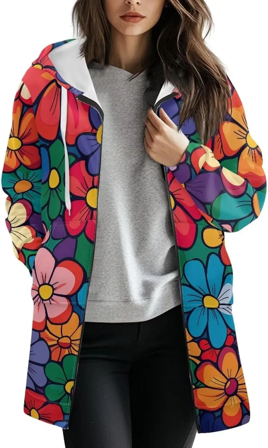 Women's Full Zip Up Hoodie Mid Long Zipper Hooded Sweatshirts Tunic Sweatshirt Cardigan Long Sleeve Jacket with Pockets S-3XL