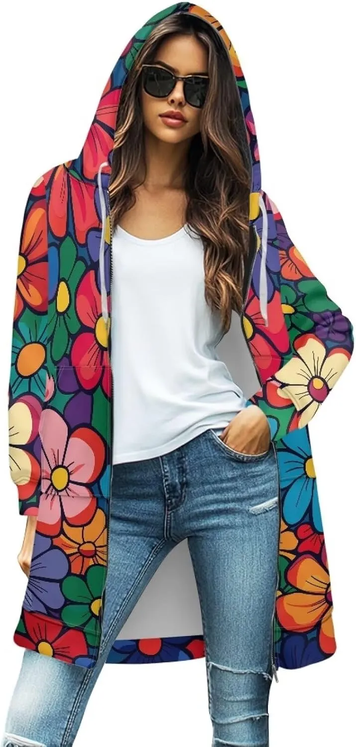 Women's Full Zip Up Hoodie Mid Long Zipper Hooded Sweatshirts Tunic Sweatshirt Cardigan Long Sleeve Jacket with Pockets S-3XL