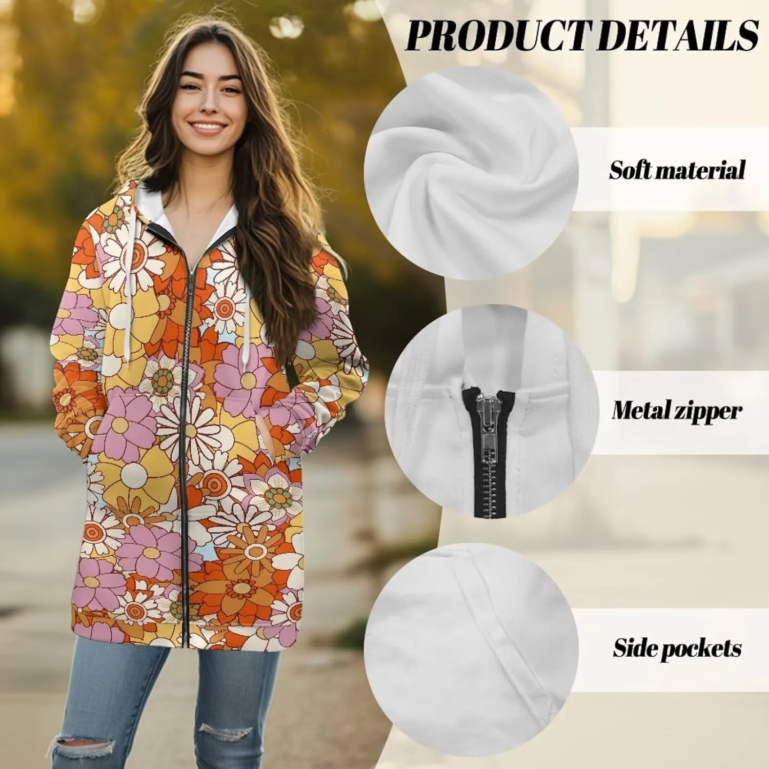 Women's Full Zip Up Hoodie Mid Long Zipper Hooded Sweatshirts Tunic Sweatshirt Cardigan Long Sleeve Jacket with Pockets S-3XL