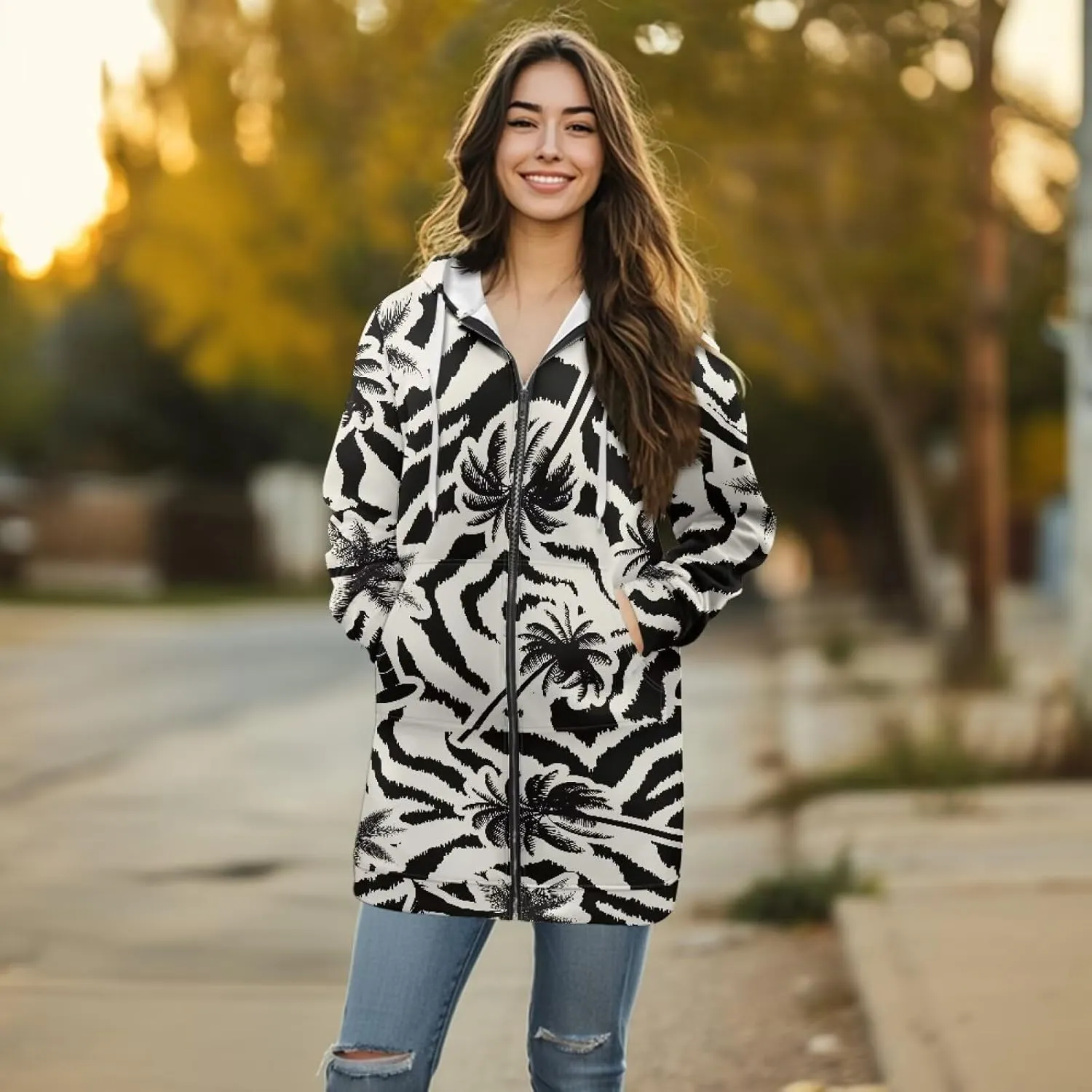 Women's Full Zip Up Hoodie Mid Long Zipper Hooded Sweatshirts Tunic Sweatshirt Cardigan Long Sleeve Jacket with Pockets S-3XL