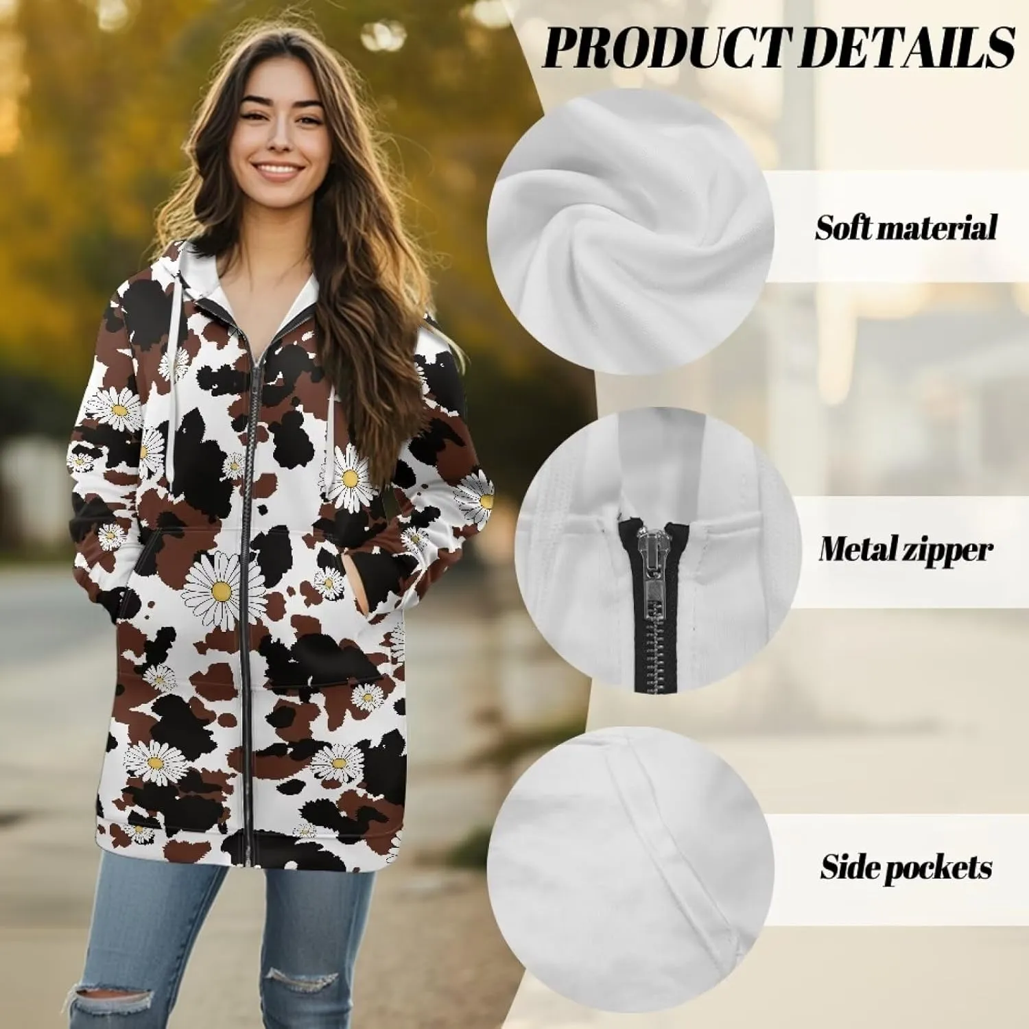 Women's Full Zip Up Hoodie Mid Long Zipper Hooded Sweatshirts Tunic Sweatshirt Cardigan Long Sleeve Jacket with Pockets S-3XL