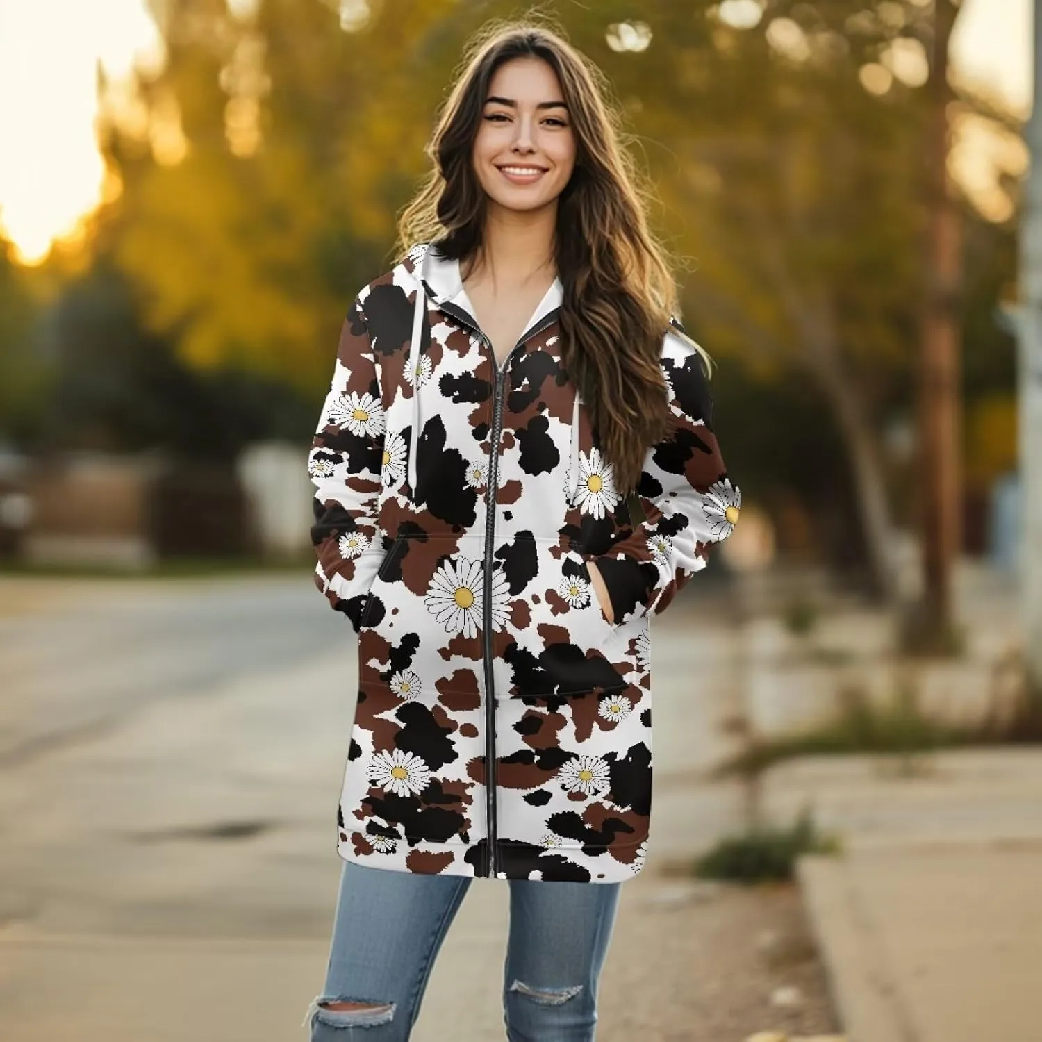 Women's Full Zip Up Hoodie Mid Long Zipper Hooded Sweatshirts Tunic Sweatshirt Cardigan Long Sleeve Jacket with Pockets S-3XL