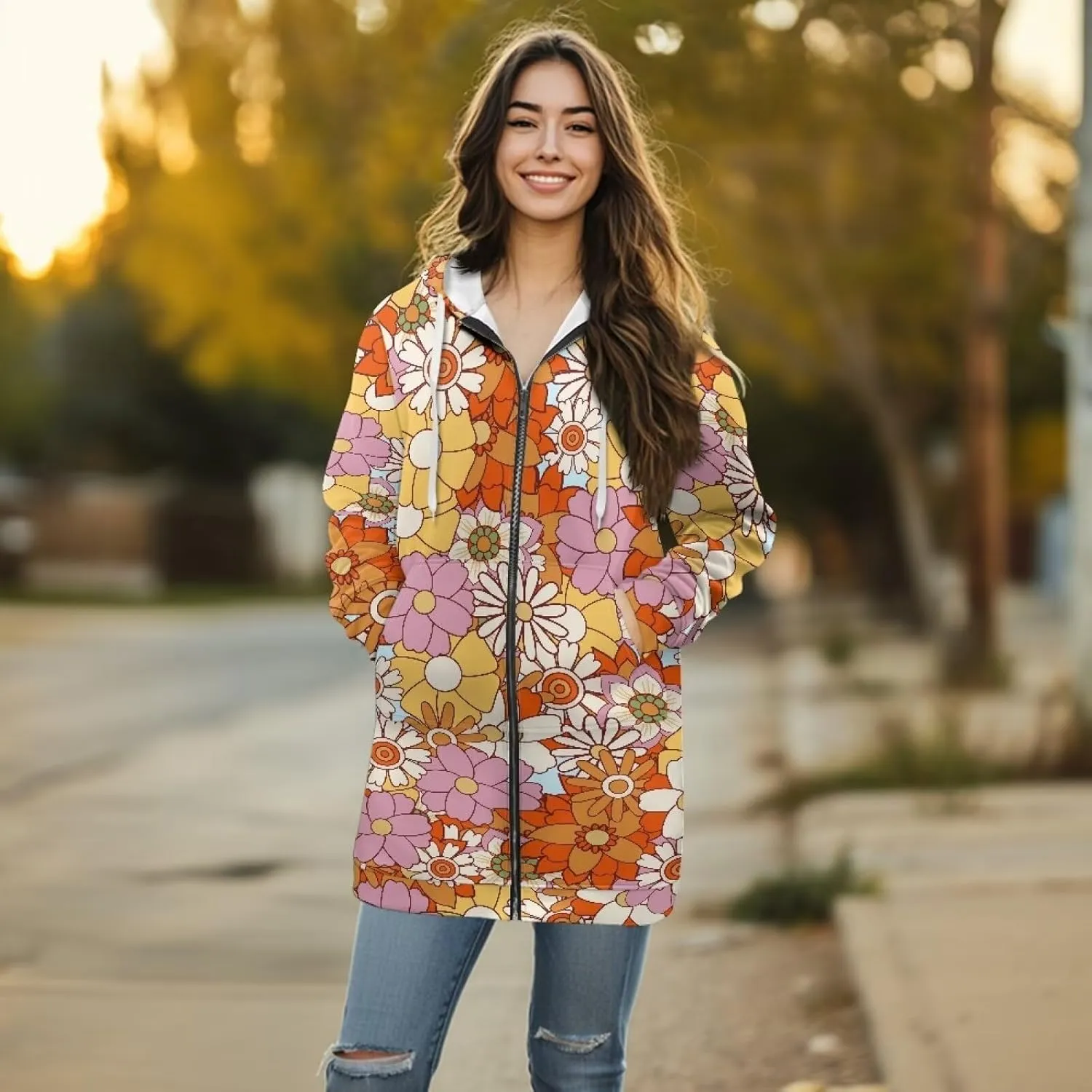 Women's Full Zip Up Hoodie Mid Long Zipper Hooded Sweatshirts Tunic Sweatshirt Cardigan Long Sleeve Jacket with Pockets S-3XL