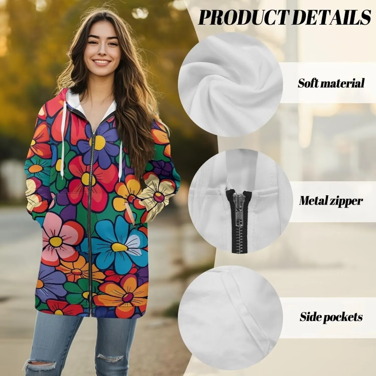 Women's Full Zip Up Hoodie Mid Long Zipper Hooded Sweatshirts Tunic Sweatshirt Cardigan Long Sleeve Jacket with Pockets S-3XL