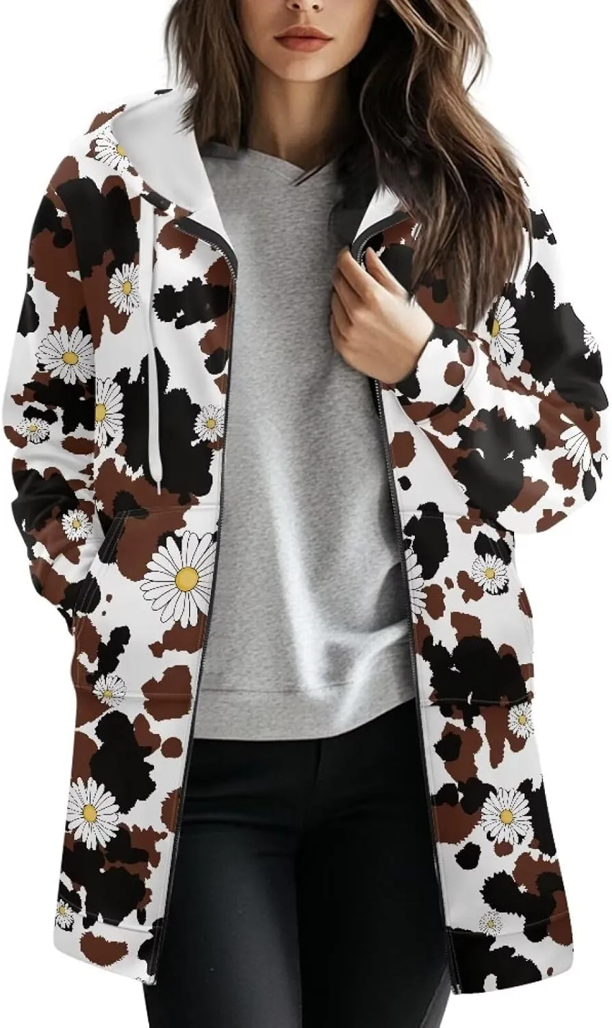Women's Full Zip Up Hoodie Mid Long Zipper Hooded Sweatshirts Tunic Sweatshirt Cardigan Long Sleeve Jacket with Pockets S-3XL