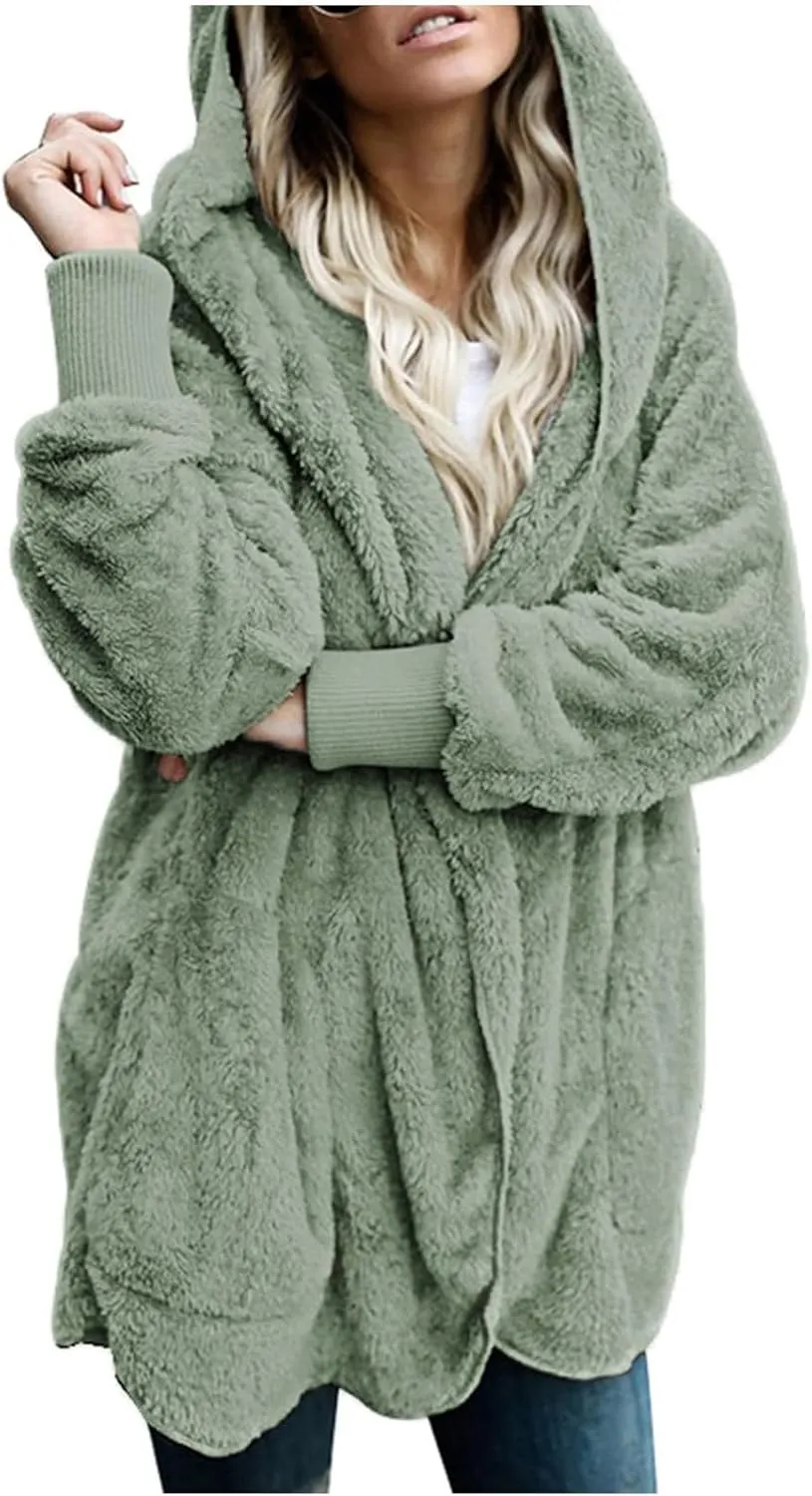Womens Fuzzy Fleece Cardigan Coat Casual Oversized Open Front Sherpa Hooded Jackets Warm Winter Fluffy Outerwear