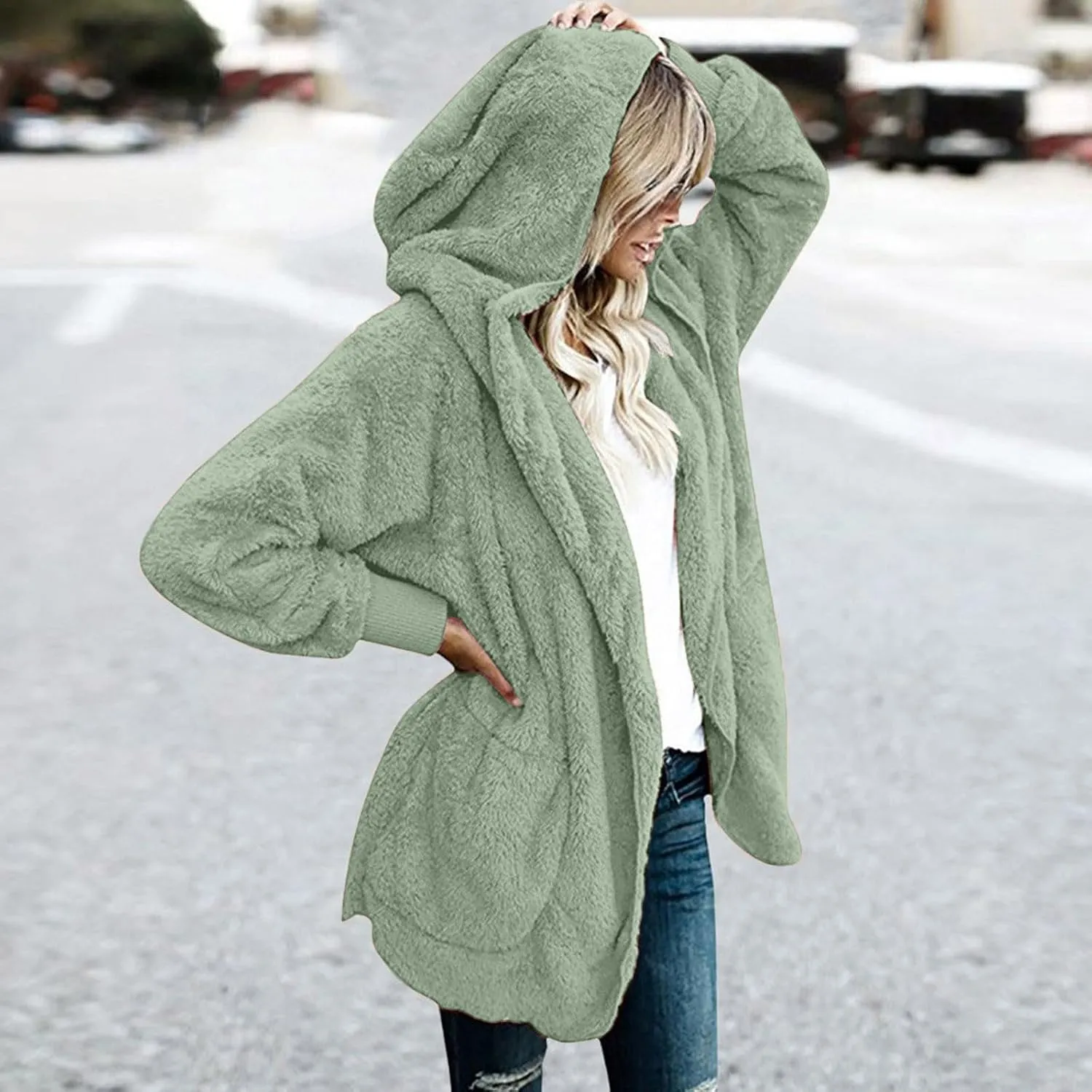 Womens Fuzzy Fleece Cardigan Coat Casual Oversized Open Front Sherpa Hooded Jackets Warm Winter Fluffy Outerwear