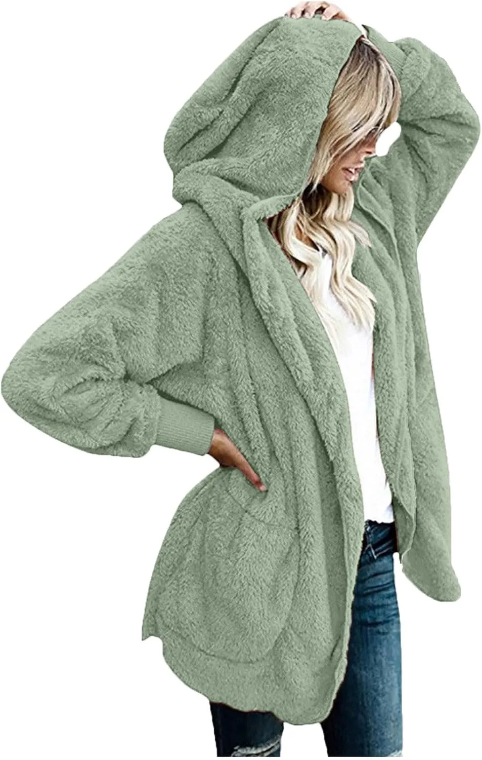 Womens Fuzzy Fleece Cardigan Coat Casual Oversized Open Front Sherpa Hooded Jackets Warm Winter Fluffy Outerwear