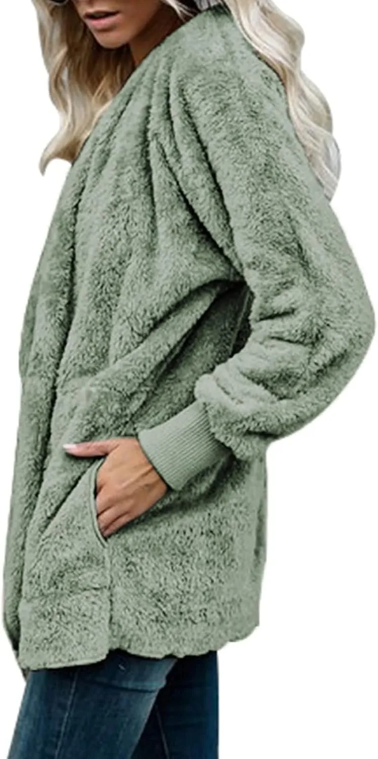 Womens Fuzzy Fleece Cardigan Coat Casual Oversized Open Front Sherpa Hooded Jackets Warm Winter Fluffy Outerwear