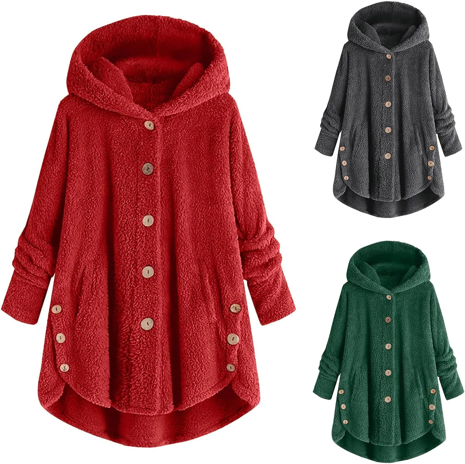 Women's Fuzzy Fleece Coat Plus Size Shearling Jacket Oversized Hoodie Sweater Coat Button Down Outerwear with Pockets