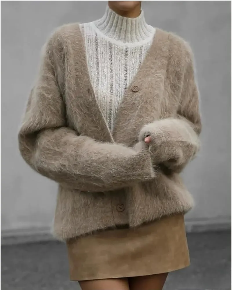 Womens Fuzzy Sweaters Cardigan V-Neck Button Down Oversized Mohair Sweater Casual Y2k 2025 Fall Winter