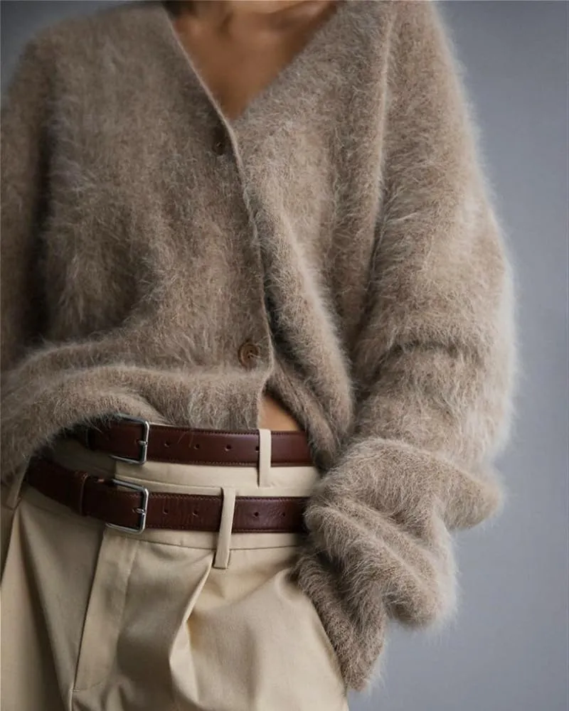 Womens Fuzzy Sweaters Cardigan V-Neck Button Down Oversized Mohair Sweater Casual Y2k 2025 Fall Winter
