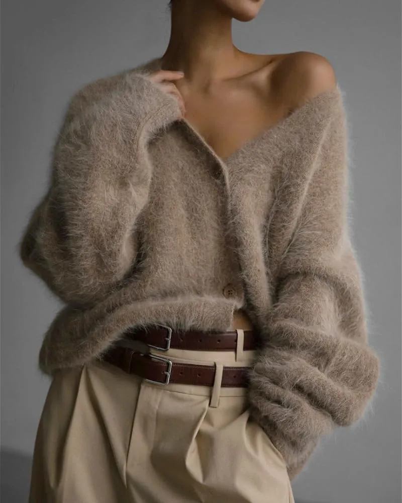 Womens Fuzzy Sweaters Cardigan V-Neck Button Down Oversized Mohair Sweater Casual Y2k 2025 Fall Winter