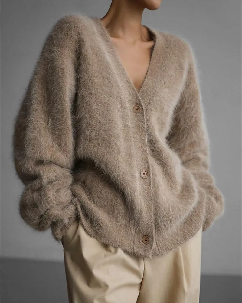 Womens Fuzzy Sweaters Cardigan V-Neck Button Down Oversized Mohair Sweater Casual Y2k 2025 Fall Winter
