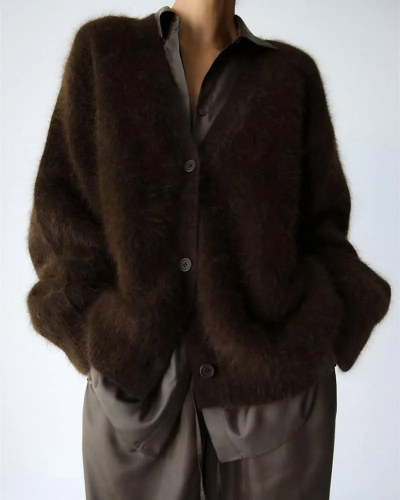 Womens Fuzzy Sweaters Cardigan V-Neck Button Down Oversized Mohair Sweater Casual Y2k 2025 Fall Winter