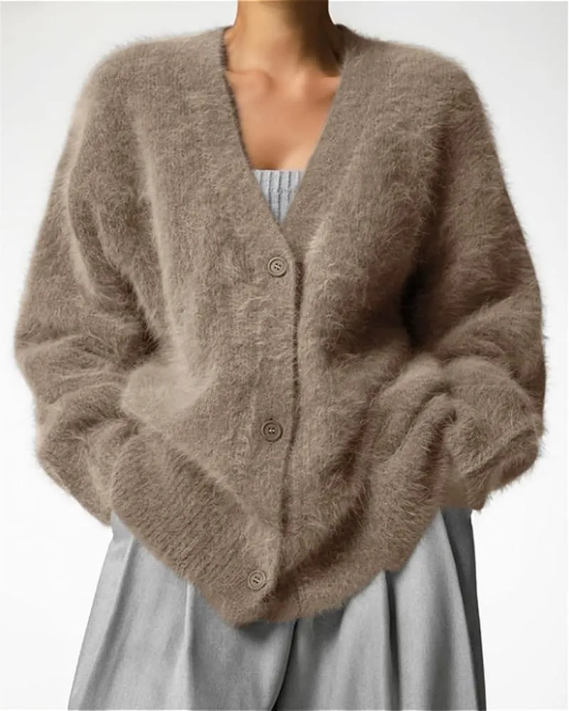 Womens Fuzzy Sweaters Cardigan V-Neck Button Down Oversized Mohair Sweater Casual Y2k 2025 Fall Winter