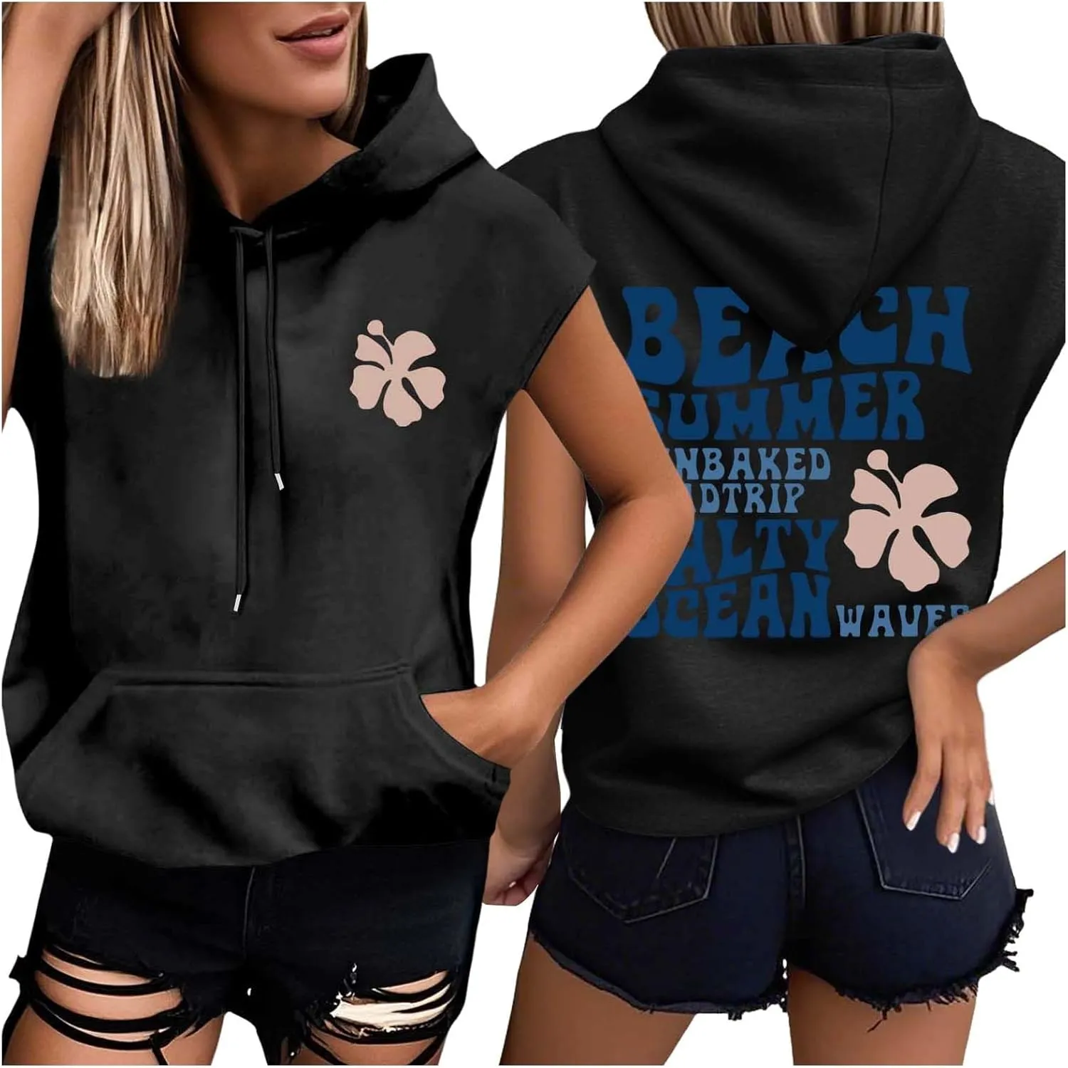 Womens Hawaii Hooded Tank Top,Palm Graphic Print Cap Sleeve Athletic Exercise Loose Fit Casual Oversized Hoodie Vest