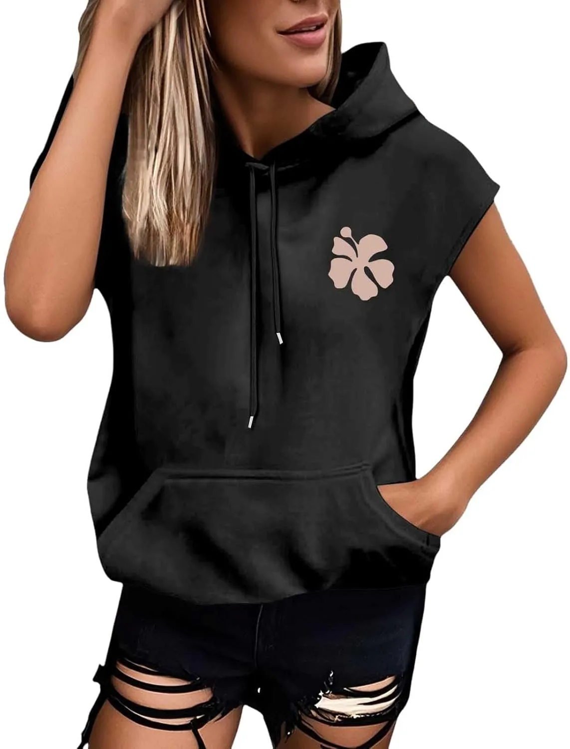Womens Hawaii Hooded Tank Top,Palm Graphic Print Cap Sleeve Athletic Exercise Loose Fit Casual Oversized Hoodie Vest