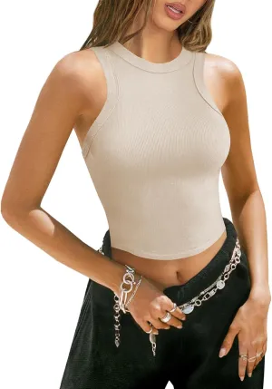 Womens High Neck Workout Racerback Tank Top, Ribbed Fitted Crop Tank Tops, Sleeveless Sexy Cropped Shirt Clothes for Yoga Gym
