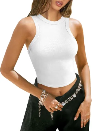 Womens High Neck Workout Racerback Tank Top, Ribbed Fitted Crop Tank Tops, Sleeveless Sexy Cropped Shirt Clothes for Yoga Gym