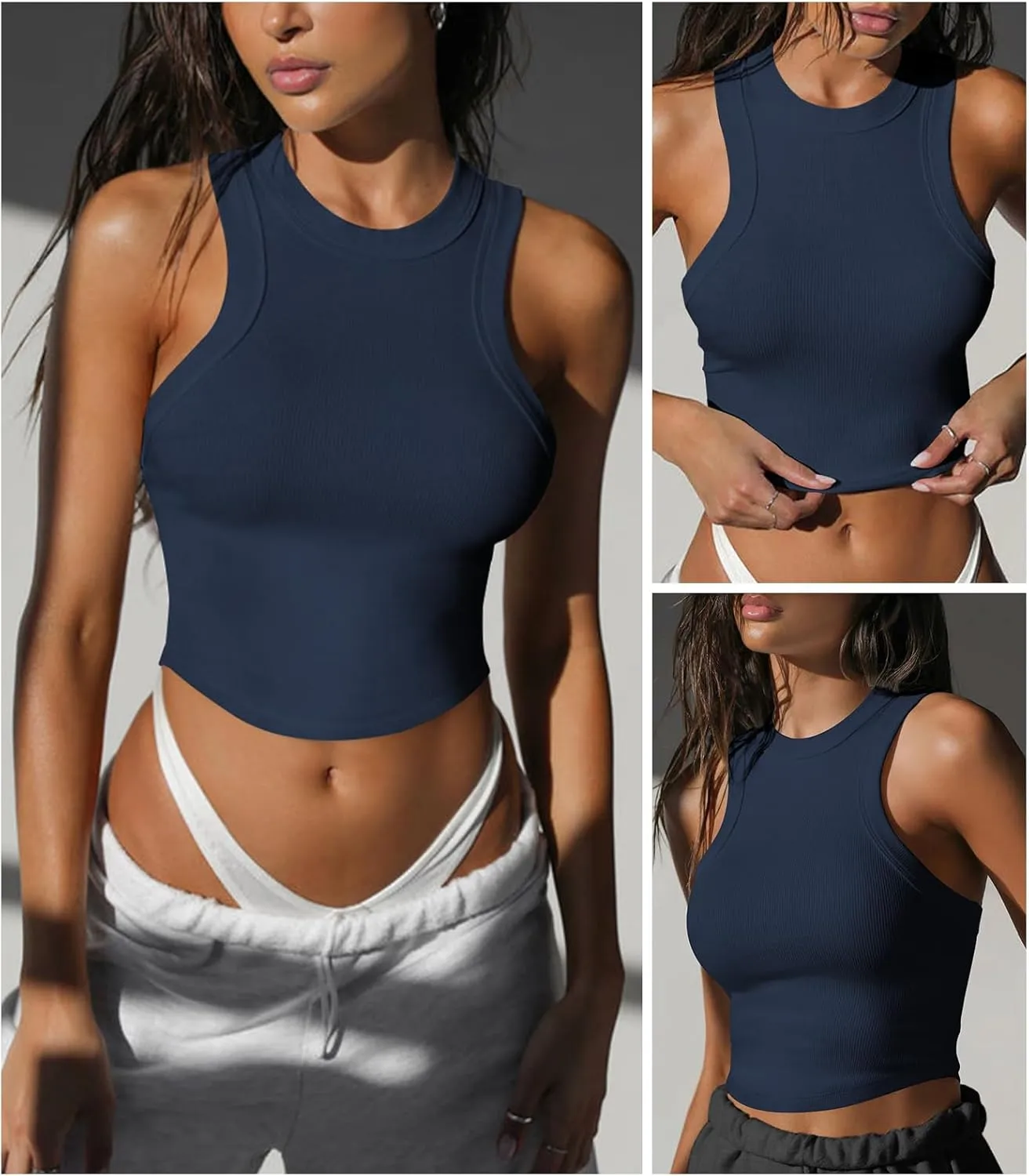 Womens High Neck Workout Racerback Tank Top, Ribbed Fitted Crop Tank Tops, Sleeveless Sexy Cropped Shirt Clothes for Yoga Gym