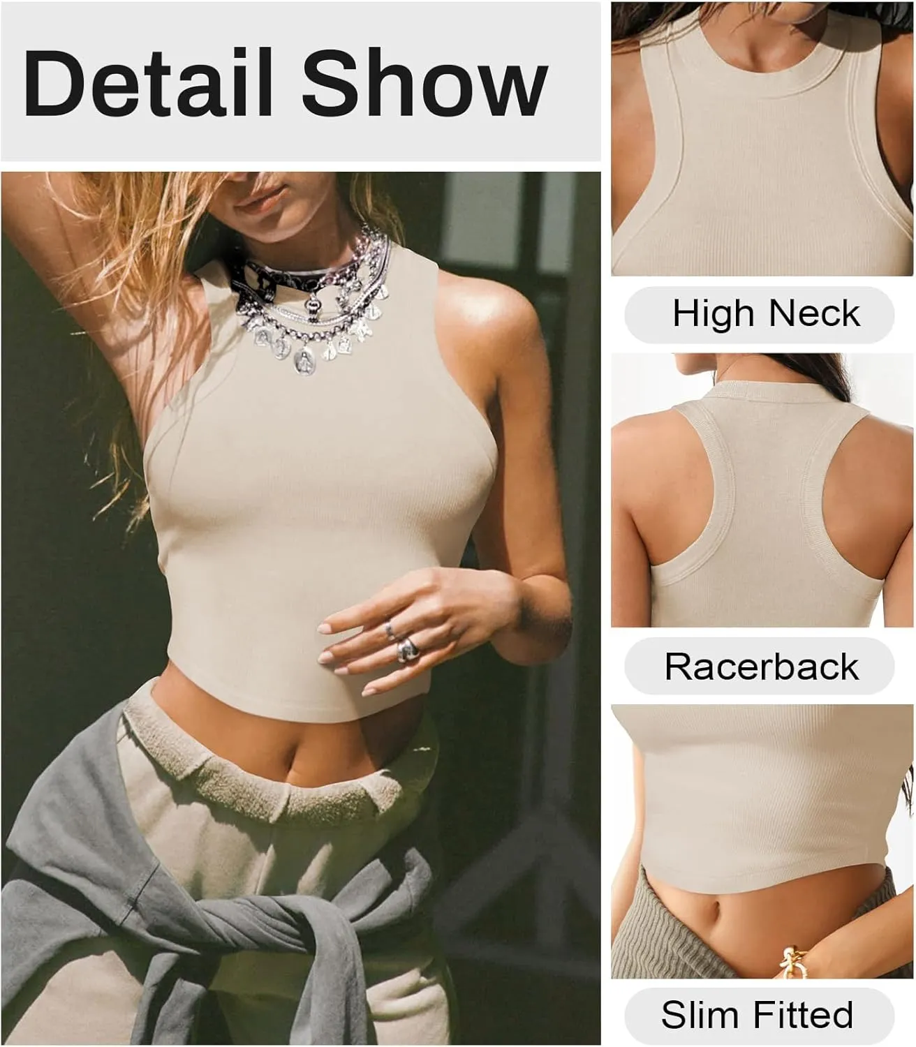 Womens High Neck Workout Racerback Tank Top, Ribbed Fitted Crop Tank Tops, Sleeveless Sexy Cropped Shirt Clothes for Yoga Gym