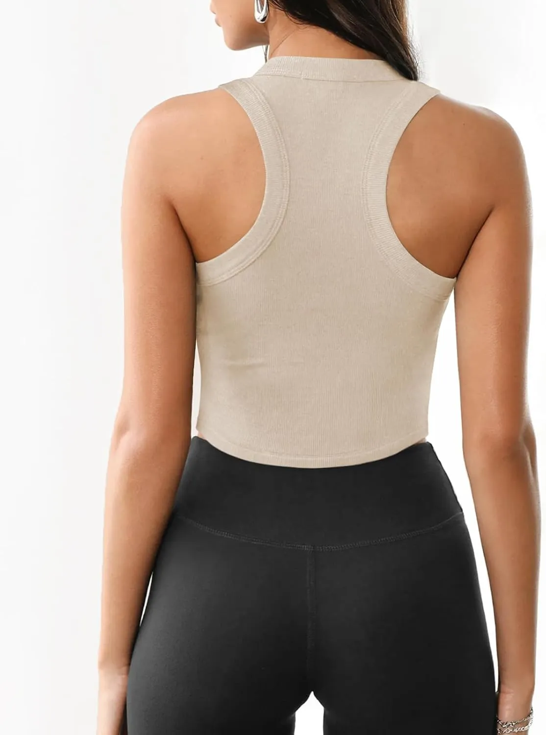Womens High Neck Workout Racerback Tank Top, Ribbed Fitted Crop Tank Tops, Sleeveless Sexy Cropped Shirt Clothes for Yoga Gym