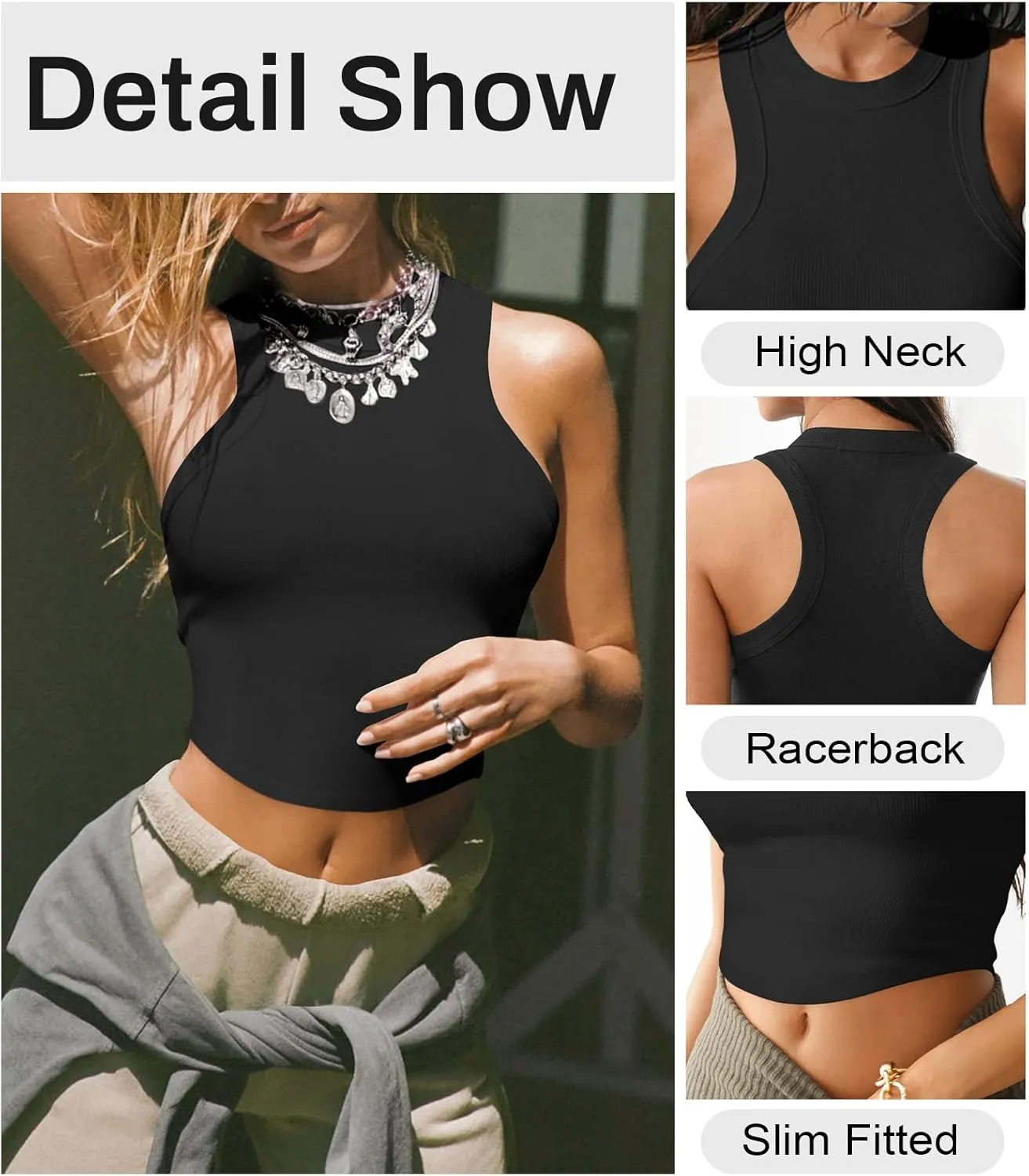 Womens High Neck Workout Racerback Tank Top, Ribbed Fitted Crop Tank Tops, Sleeveless Sexy Cropped Shirt Clothes for Yoga Gym