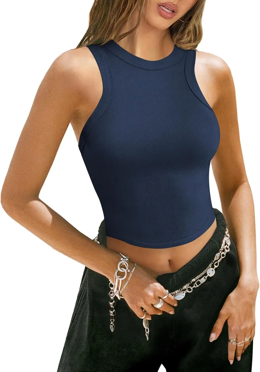 Womens High Neck Workout Racerback Tank Top, Ribbed Fitted Crop Tank Tops, Sleeveless Sexy Cropped Shirt Clothes for Yoga Gym