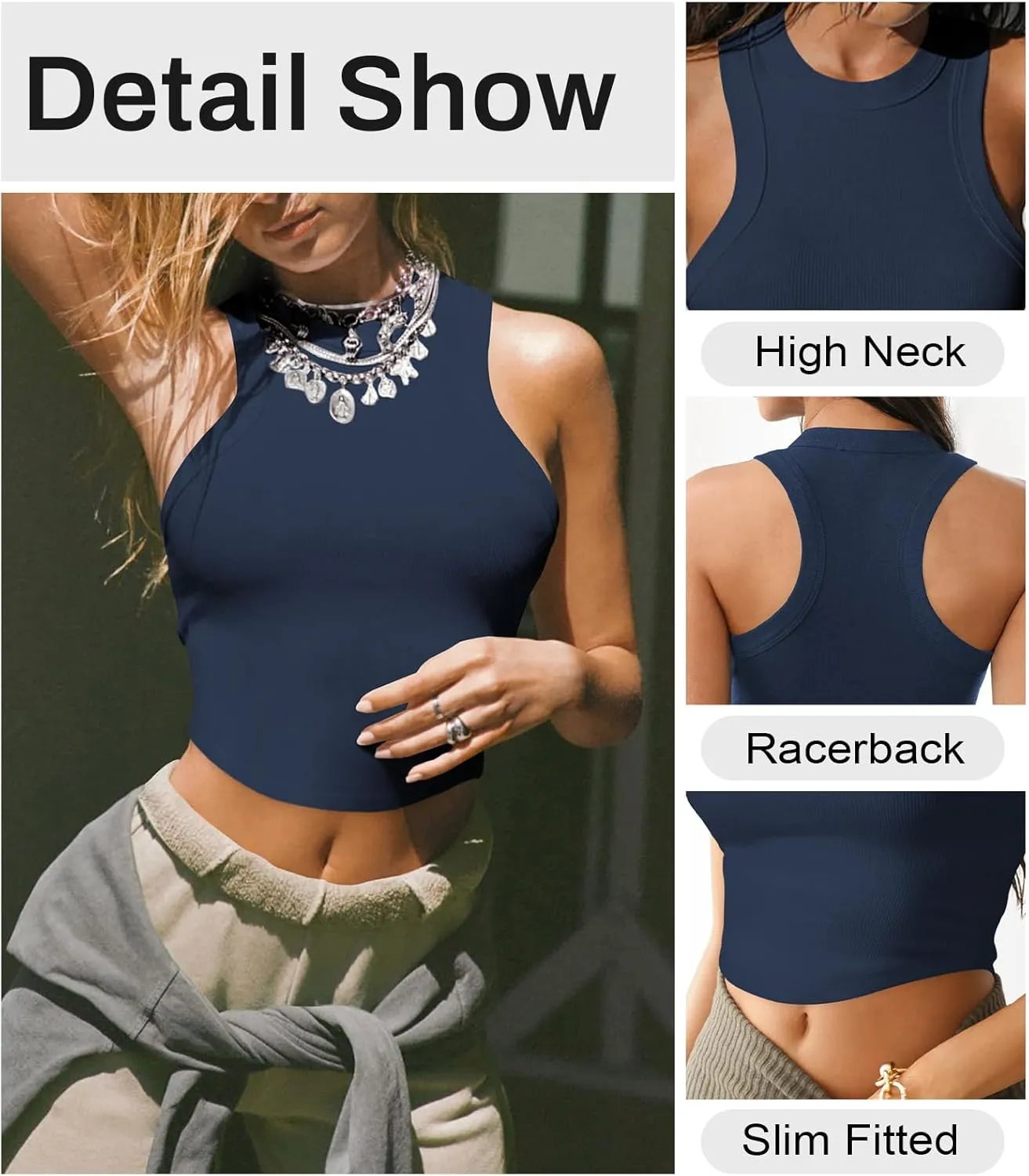 Womens High Neck Workout Racerback Tank Top, Ribbed Fitted Crop Tank Tops, Sleeveless Sexy Cropped Shirt Clothes for Yoga Gym