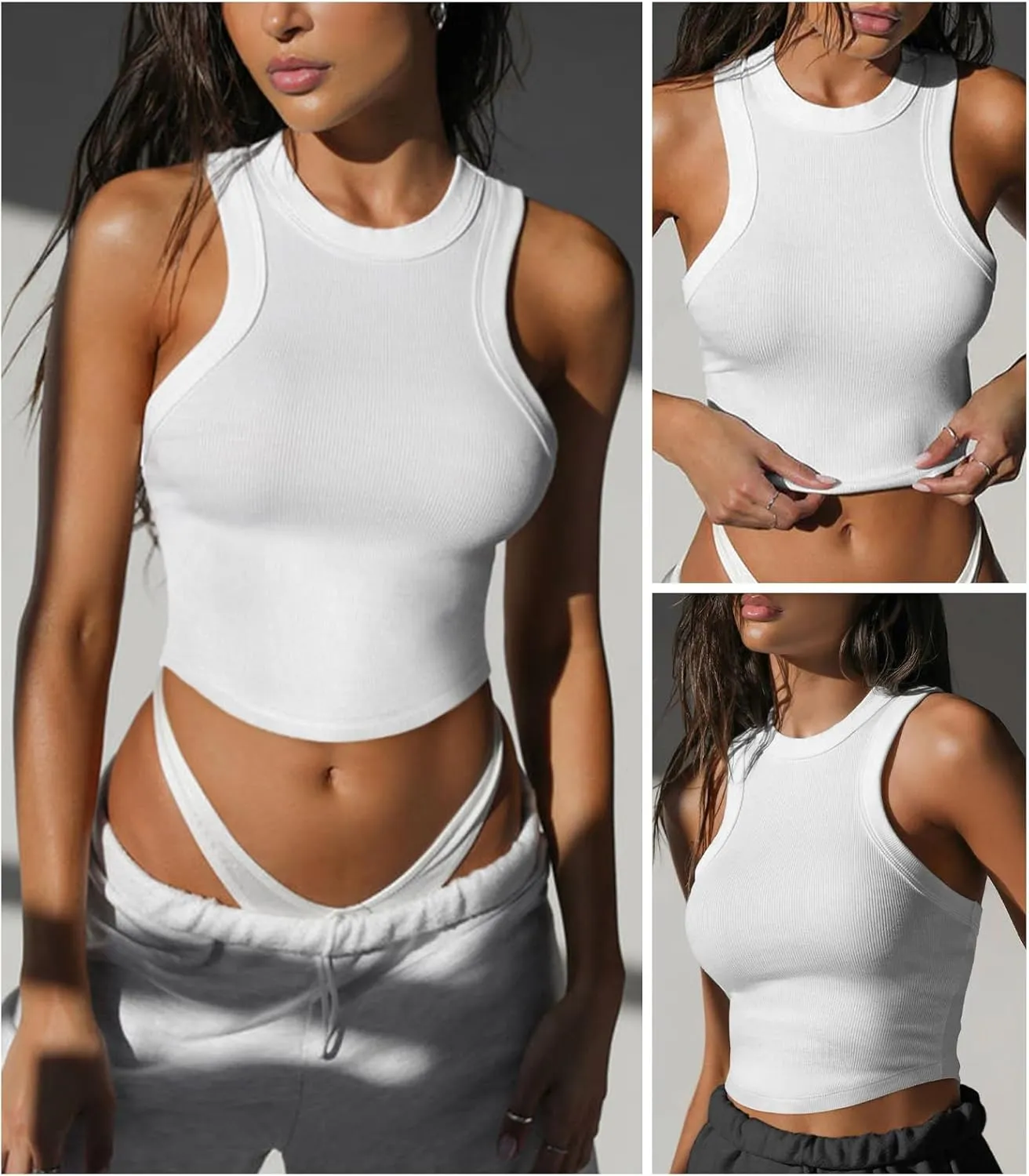 Womens High Neck Workout Racerback Tank Top, Ribbed Fitted Crop Tank Tops, Sleeveless Sexy Cropped Shirt Clothes for Yoga Gym