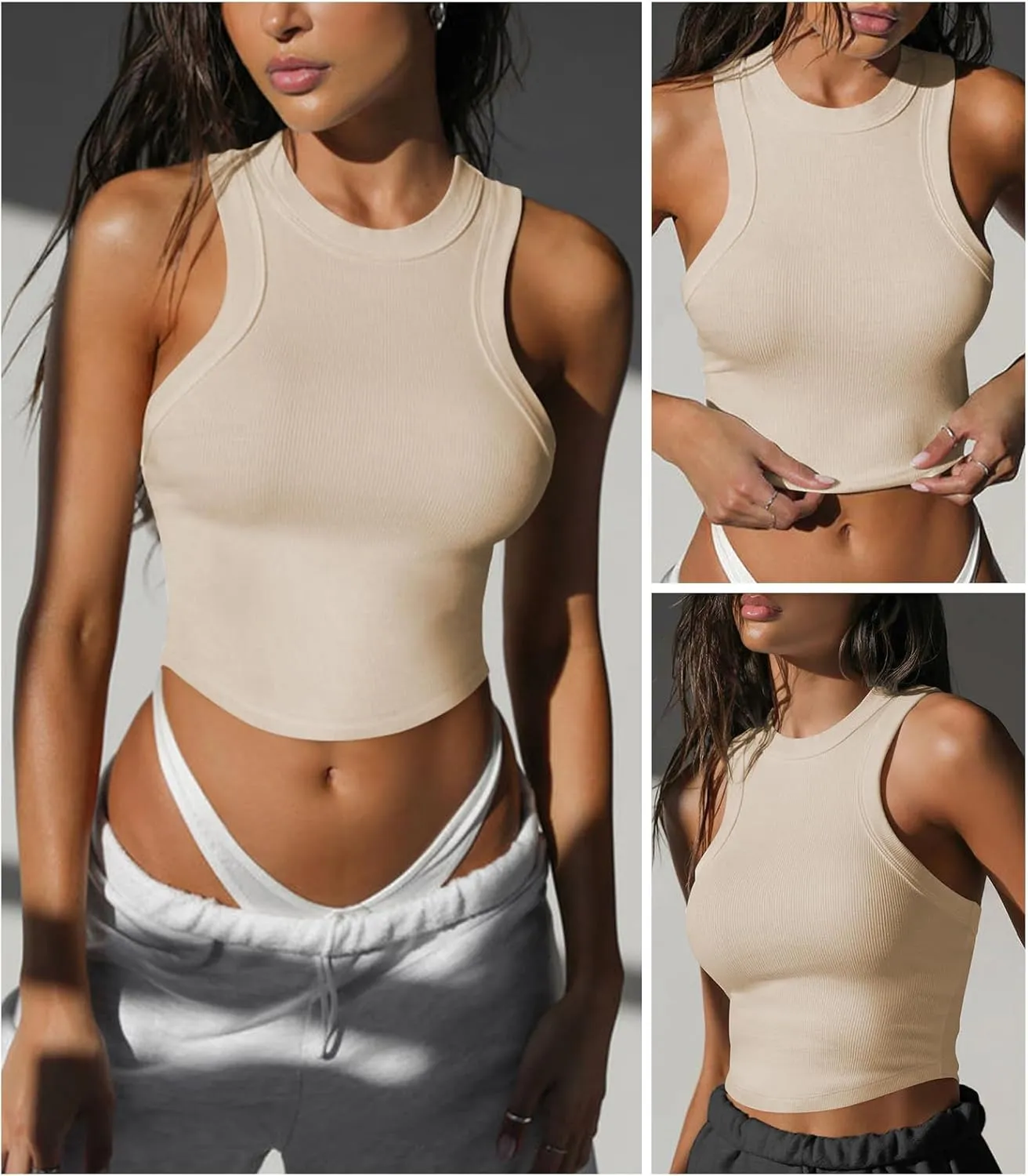 Womens High Neck Workout Racerback Tank Top, Ribbed Fitted Crop Tank Tops, Sleeveless Sexy Cropped Shirt Clothes for Yoga Gym