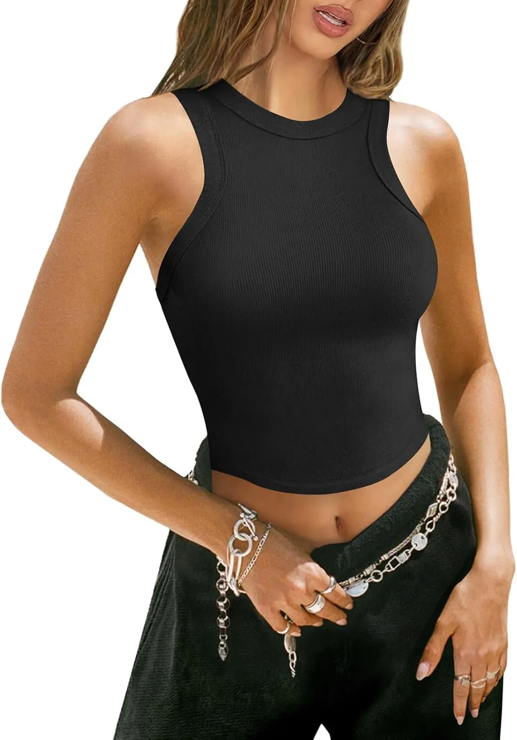 Womens High Neck Workout Racerback Tank Top, Ribbed Fitted Crop Tank Tops, Sleeveless Sexy Cropped Shirt Clothes for Yoga Gym