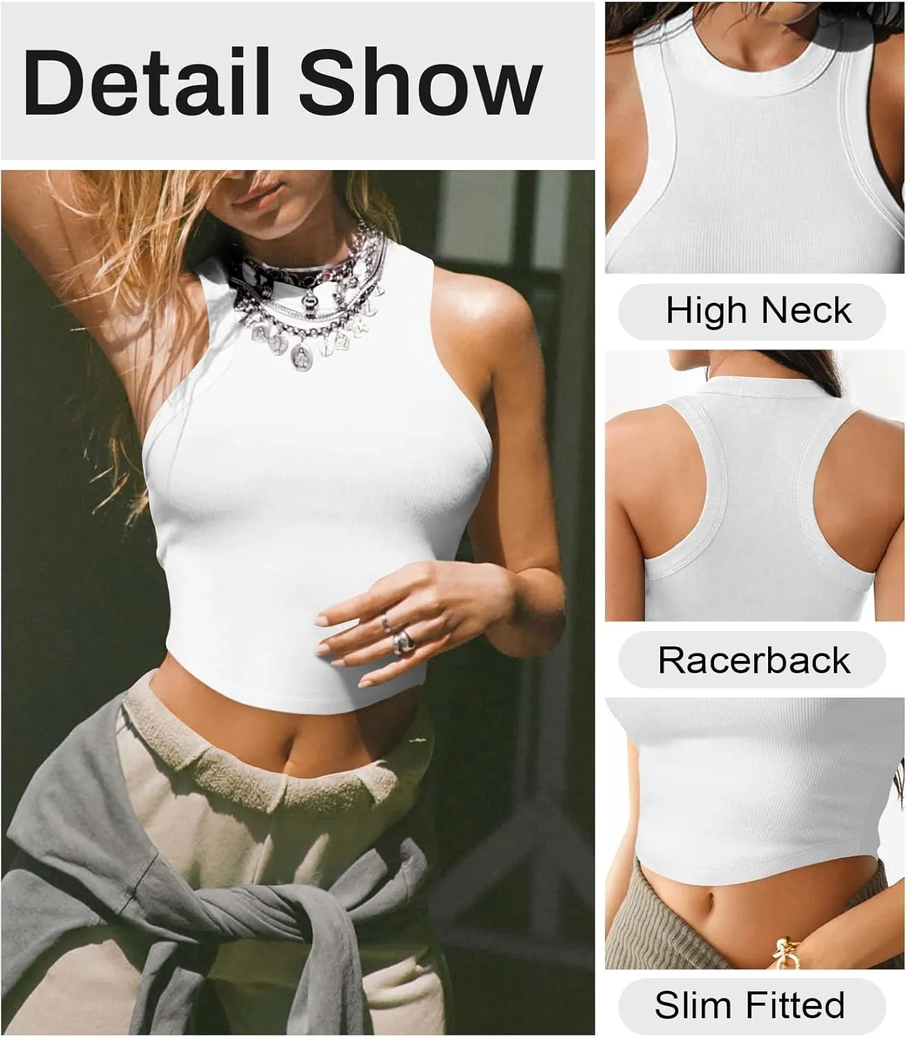 Womens High Neck Workout Racerback Tank Top, Ribbed Fitted Crop Tank Tops, Sleeveless Sexy Cropped Shirt Clothes for Yoga Gym