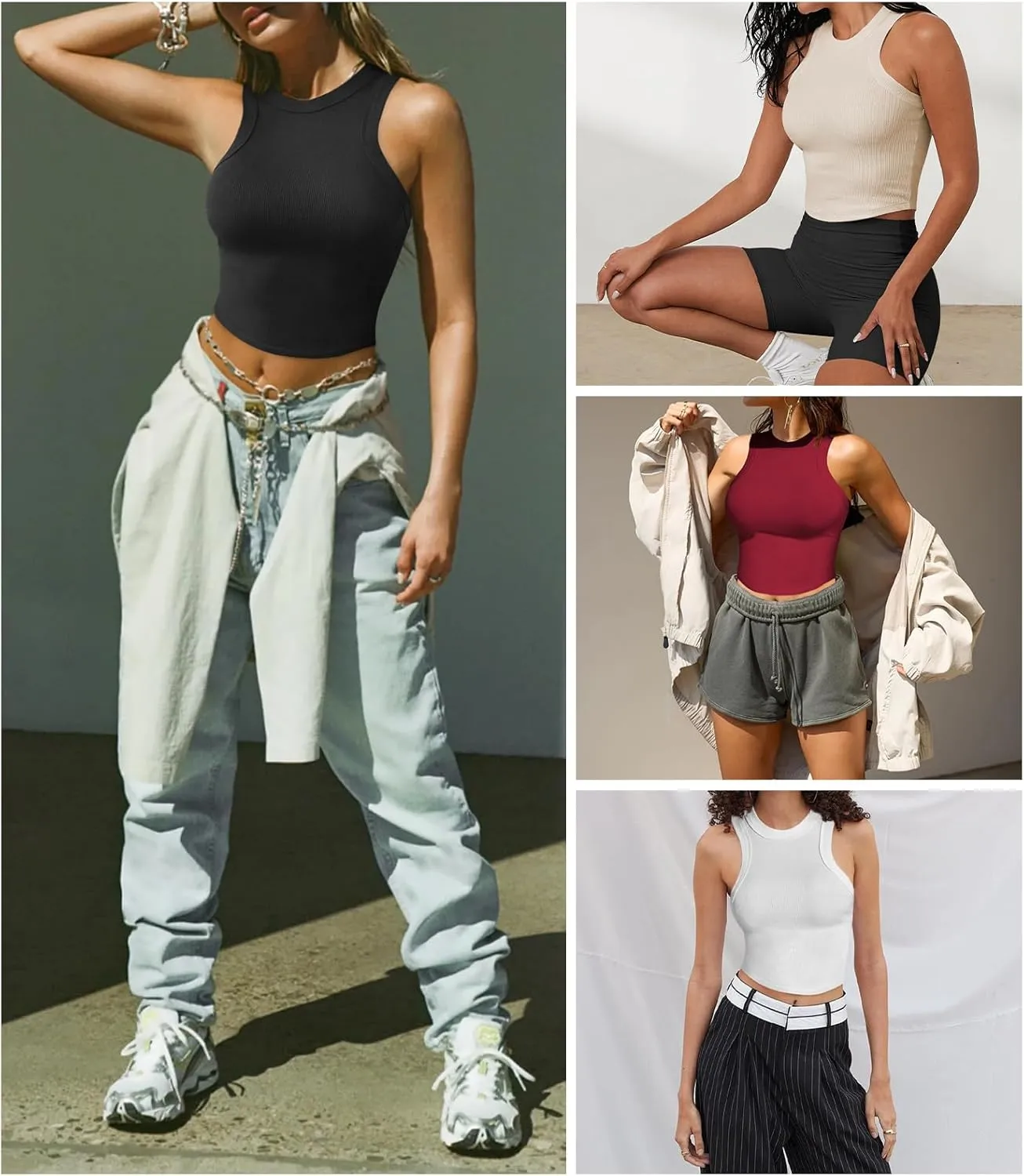 Womens High Neck Workout Racerback Tank Top, Ribbed Fitted Crop Tank Tops, Sleeveless Sexy Cropped Shirt Clothes for Yoga Gym