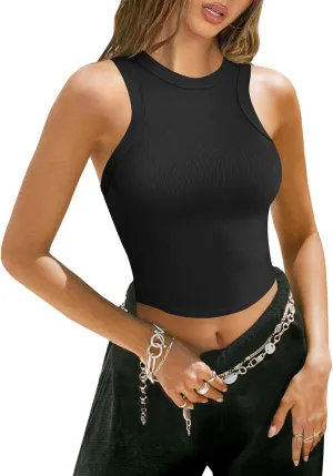 Womens High Neck Workout Racerback Tank Top, Ribbed Fitted Crop Tank Tops, Sleeveless Sexy Cropped Shirt Clothes for Yoga Gym