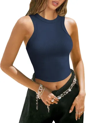 Womens High Neck Workout Racerback Tank Top, Ribbed Fitted Crop Tank Tops, Sleeveless Sexy Cropped Shirt Clothes for Yoga Gym