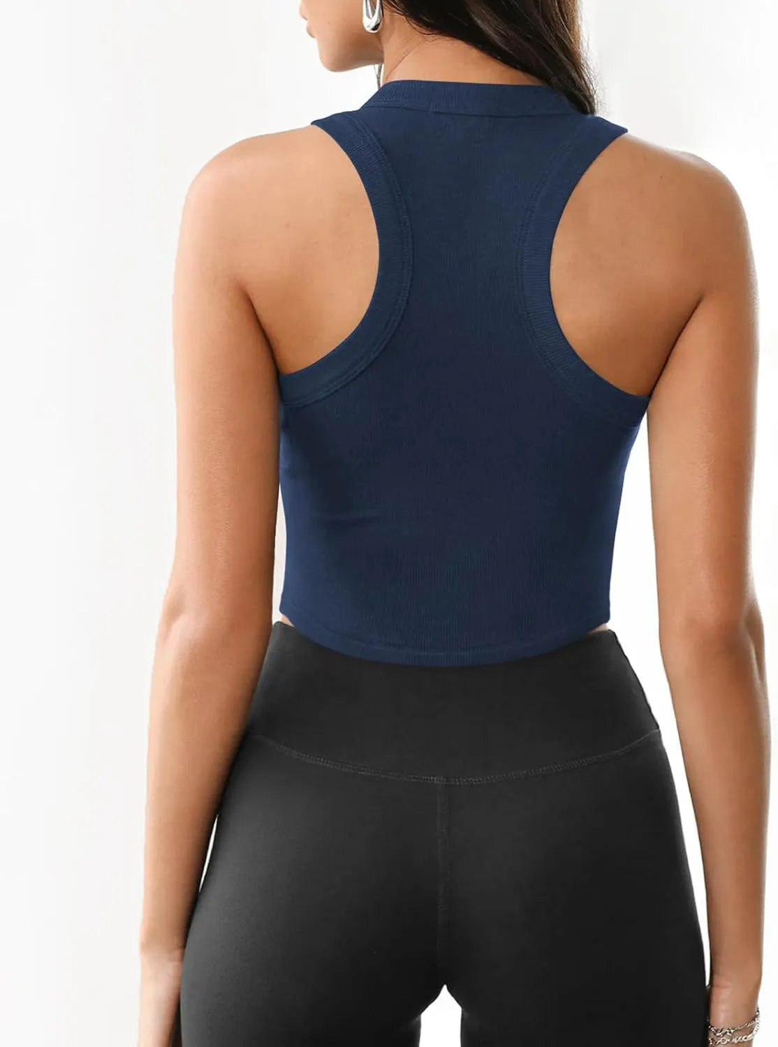 Womens High Neck Workout Racerback Tank Top, Ribbed Fitted Crop Tank Tops, Sleeveless Sexy Cropped Shirt Clothes for Yoga Gym
