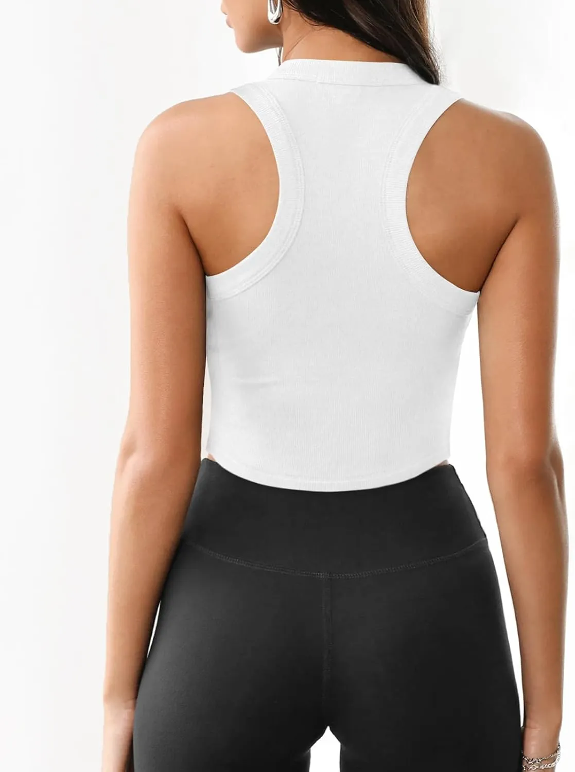 Womens High Neck Workout Racerback Tank Top, Ribbed Fitted Crop Tank Tops, Sleeveless Sexy Cropped Shirt Clothes for Yoga Gym