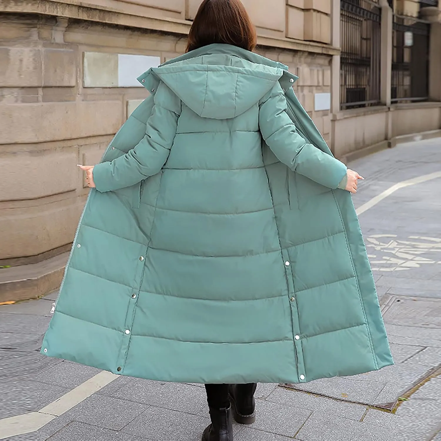 Women's Hooded Long Down Jacket Thickened Maxi Parka Puffer Coat Full Zip Quilted Outerwear with Side Button Hem