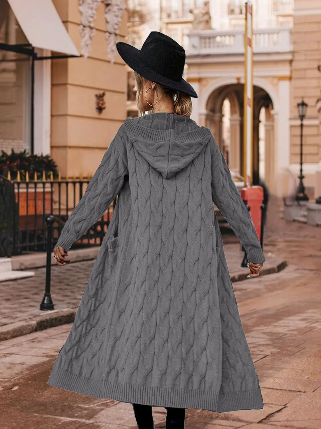 Women's Hooded Open Front Long Cardigan Cable Knit Sweaters Side Pocket Oversized Chunky Cardigan Outwear Coat