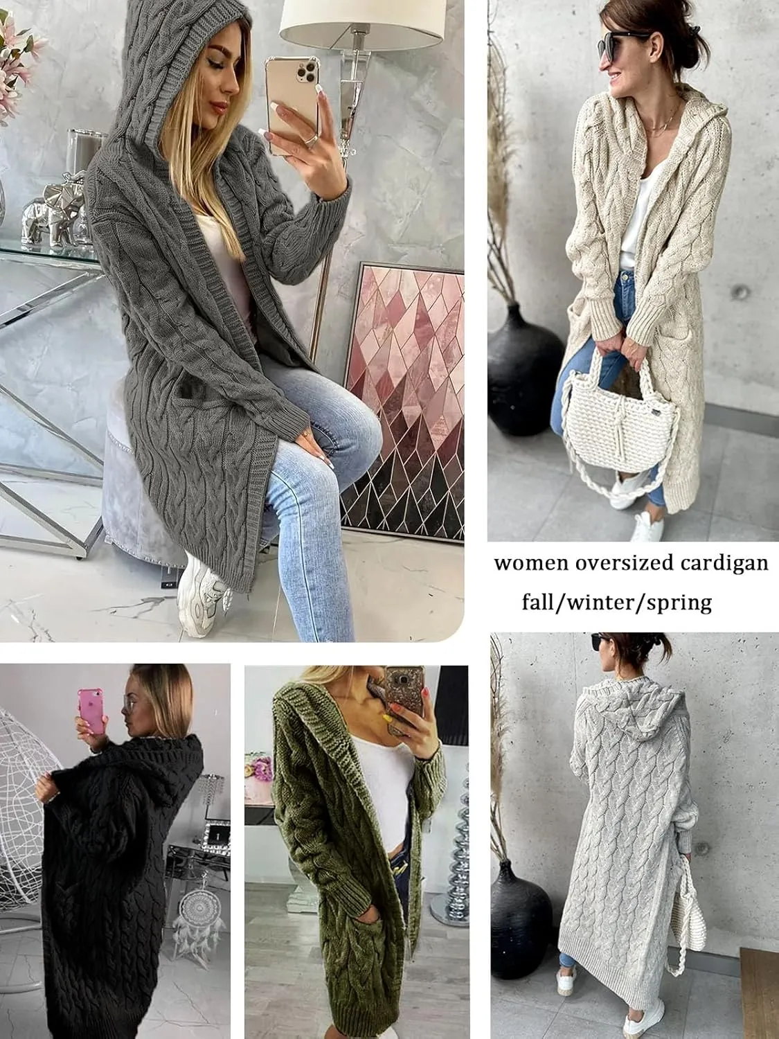 Women's Hooded Open Front Long Cardigan Cable Knit Sweaters Side Pocket Oversized Chunky Cardigan Outwear Coat