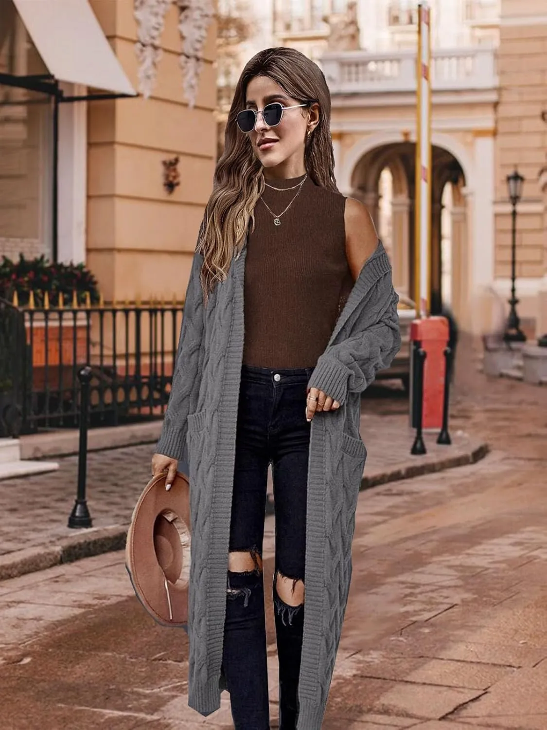 Women's Hooded Open Front Long Cardigan Cable Knit Sweaters Side Pocket Oversized Chunky Cardigan Outwear Coat